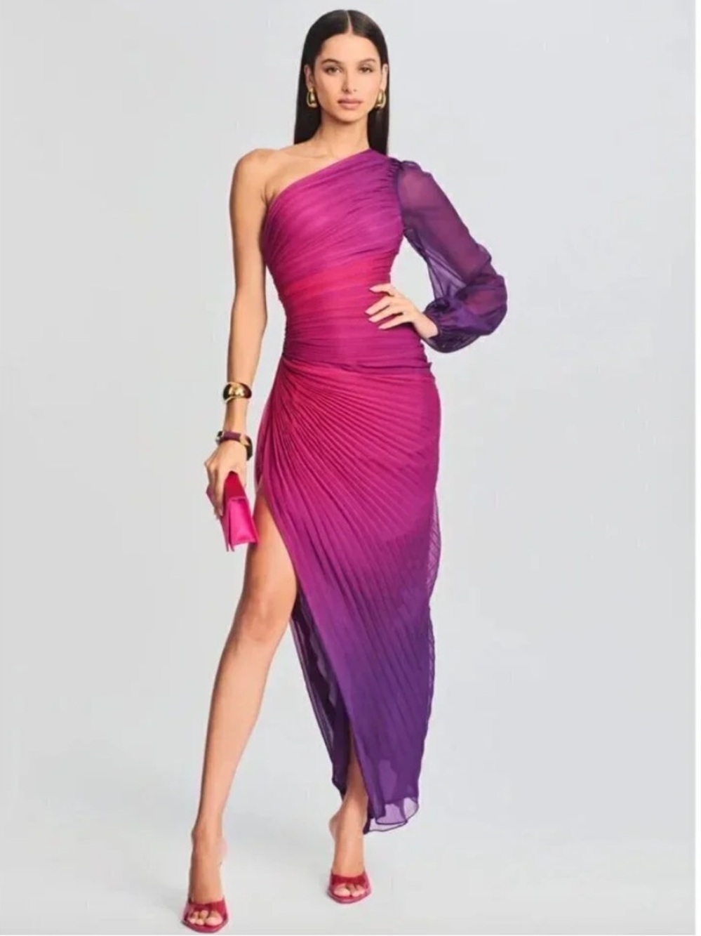 Rococo Sand Paige One-Shoulder Ombre Dress in Magenta-Purple
